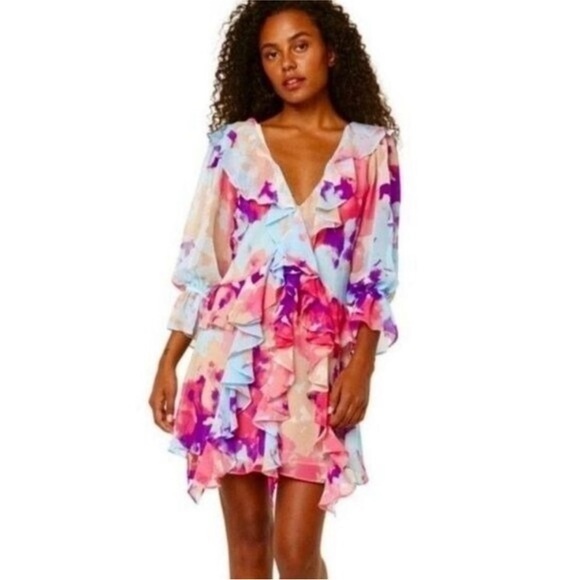 Misa Los Angeles Dresses & Skirts - NWT. Misa Dress Purple Pink Blue Evele Ruffled Watercolor size large  stunning